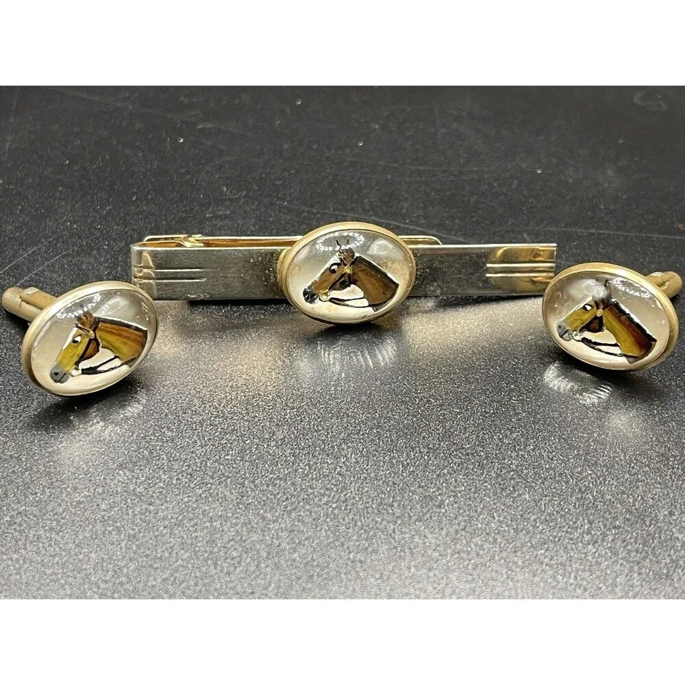 Vintage Painted Horse Head Tie Clip & Cuff Links